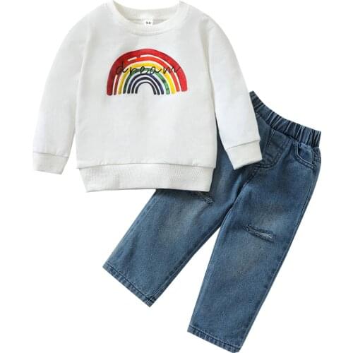 2 Pcs Infant Casual Outfits Baby Girls Rainbow Letter Pattern Long Sleeve Round Neck Pullover + Ripped Jeans with Pockets