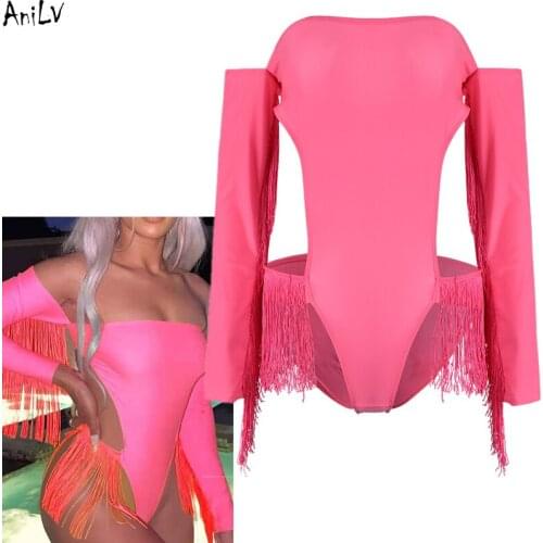 AniLV Summer Fluorescent Pink Backless one-piece Swimsuit Costume Beach Long sleeve Tassel Bodysuit Swimwear Pool Party
