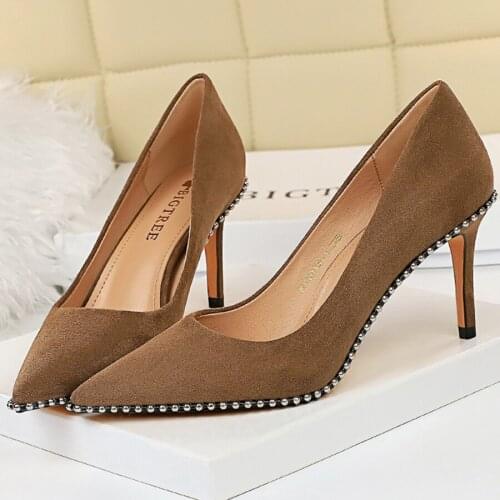 Big Size Women 8cm 10.5cm High Heels Crystal Glitter Luxury Pumps Lady Fashion Khaki Pointed Toe Fetish Sexy Party Dress Shoes