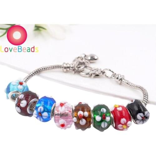 10Pcs New 3D Color Flower Round Rondelle Murano Large Hole Lampwork Glass Beads Fit Pandora Bracelet Charms for Jewelry Making