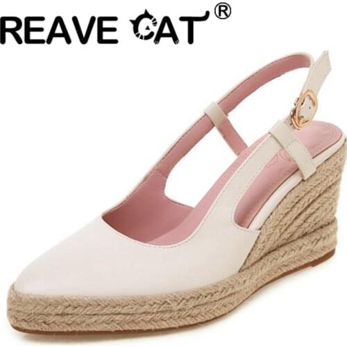 REAVE CAT 2021 Fisherman Espadrilles Sandals Slingbacks Buckle Strap Rattan Wedges Pointed Toe 8cm Size 32-44 White Beige A4175
