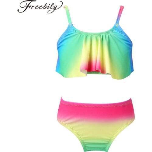 2PCS Girls Colorful Swimwear Adjustable Spaghetti Straps Ruffled Tops with Bottoms Kids Tankini Set Swimsuit Summer Bathing Suit