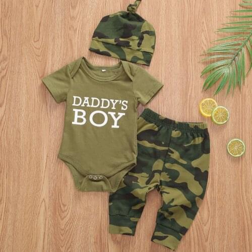 3 Pcs Baby Girls Boys Clothes Set Camouflage Short Sleeve Letter Printed Bodysuit Tops+Pants + Headband/Hat Baby Summer Clothing