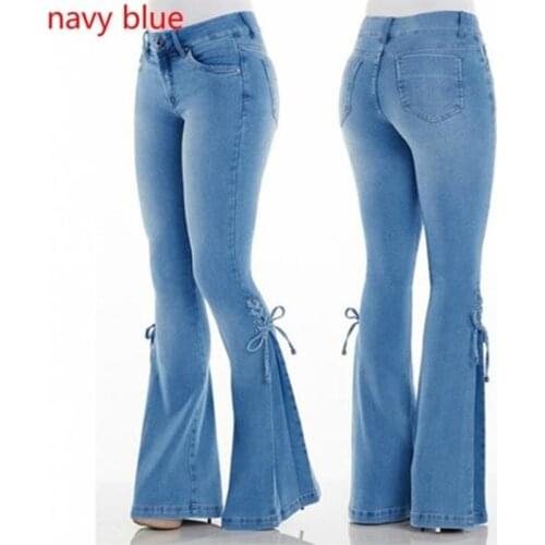 Summer Streetwear Jeans Flare Pants Women Slim-Fit Stretch Jeans Wide Leg Lace Up Jeans Trousers Lady Casual Denim Pants
