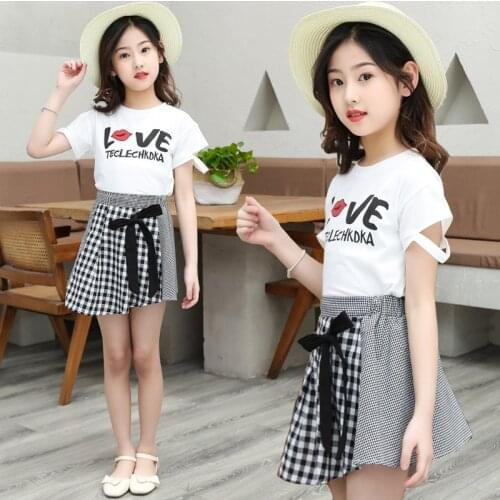 Summer Girls Clothes Plaid Skirts Two Pieces Casual Party Kids Suits Short Sleeve Tops Teenage Girl Clothing 8 10 12 13 years
