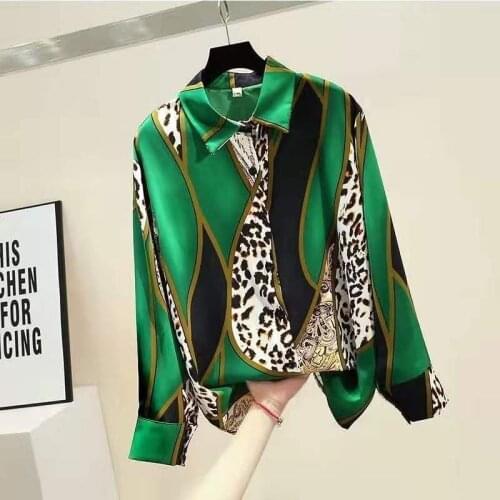 Fashion Personality Chiffon Ladie Temperament Leopard Shirts Loose Long Sleeve Polo-Neck Office Tops Spring Autumn Blusas MM0448