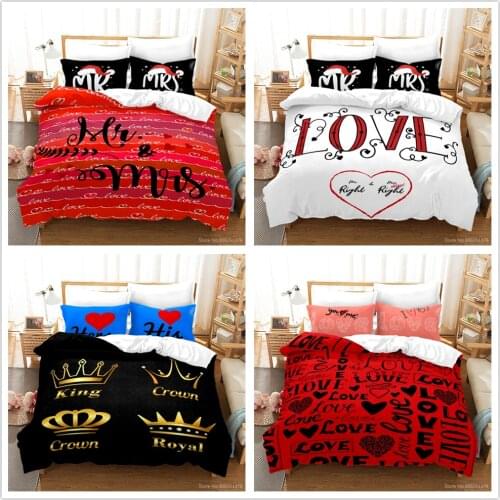 Mr. and Mrs. Romantic Love Wedding Pattern Bedding Set 2/3pcs Duvet Cover Set Bed Linen Bedclothes Home Textile for Lover Couple