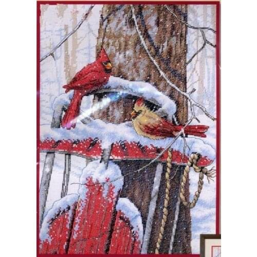COTTON High Quality Lovely Counted Cross Stitch Kit Cardinals on Sled Cardinal Red Bird Winter Snow dim 08837
