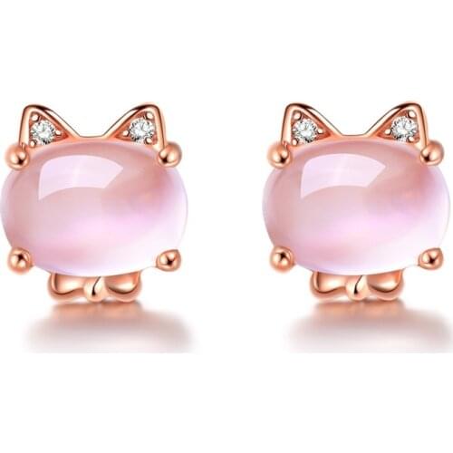Popular 925 Silver Mosaic Pink Crystal Cat Earrings Trendy Fashion Charm Jewelry Accessories Gifts for Her Women