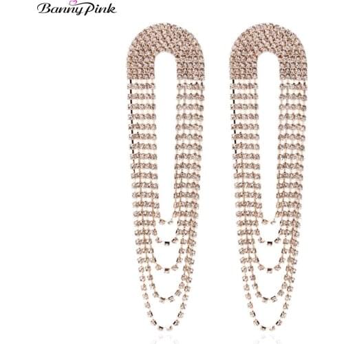Banny Pink Wedding Crystal Tassel Studs Earrings For Women Chunky Rhinestone Pendant Post Earrings Fashion Bridal Jewelry Brinco