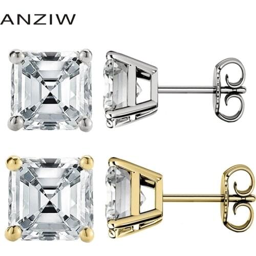 ANZIW Real D color 1.3ct Moissanite Stud Earrings 925 Silver 6mm Asscher cut Four Claw Simple Earring for Women Jewelry Gift
