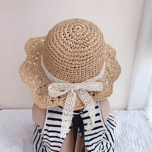 Big Brim Lace Bow Childrens Straw Hat Baby Sun Protection Sun-Shade Beach Hat Handmade Woven Hollowed Lace Sun Protection Hat