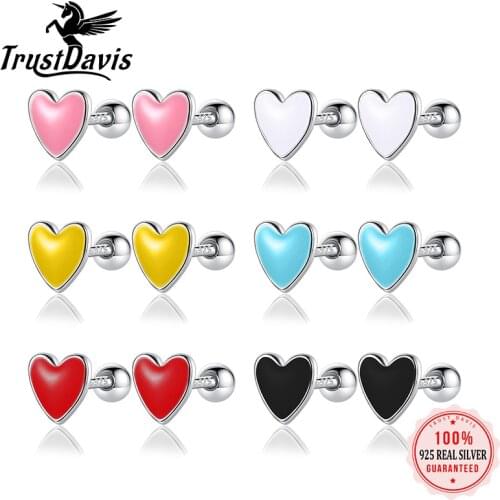 TrustDavis Real 925 Sterling Silver Fashion Colour Glaze Flower Screw Stud Earrings For Women Wedding Party Fine Jewelry DB140