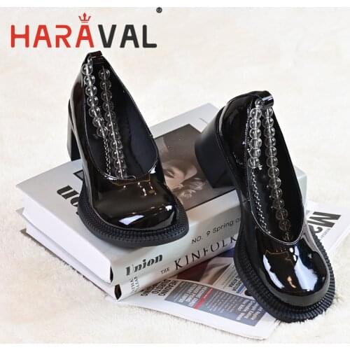 HARAVAL Women Pumps Shoes High Heels Black Elegant Fashion Round Toe Patent Leather Solid Office & Career Mary Janes Shoes A287