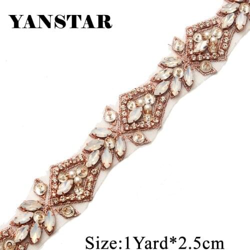YANSTAR Wholesale Rhienstone Applique Crystal By 2.5CM*10Yards Bridal Belt opal beads Trim For Wedding Dress Belt YS912