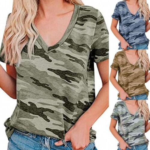 2021 Summer New Short-sleeved Leopard Print Camouflage Printed V-neck T-shirt Casual Top Women Big Size 2XL Top