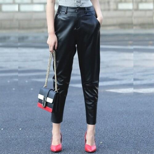 2020 Sheepskin Pencil Women Genuine High Waist Slim Ankle-Length Pants Lady Fashion Casual Real Leather Trousers