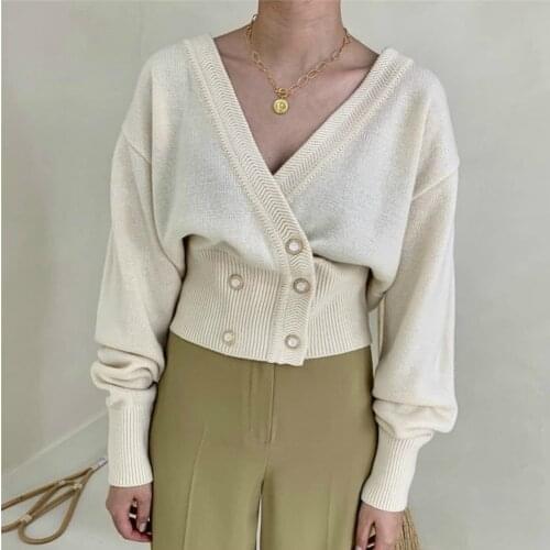 2021 New Women Spring V Neck Short Sweater Coat Jacket Pearl Buttons Double Breasted Knitted Cardigan Outerwear