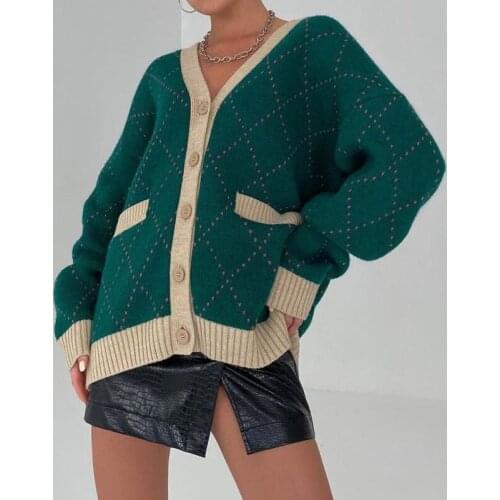 Loose Argyle Green Winter Women Cardigans 2021 V Neck Casual Knitted Oversized Long Sleeve Y2K Sweater Fashion Basic Tops