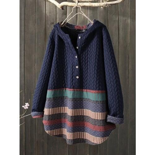 Winter Plaid Hooded Ethnic Print Asymmetric Coat Women Long Sleeve Cotton Patchwork Loose Jacket Oversize Pullover Outwear