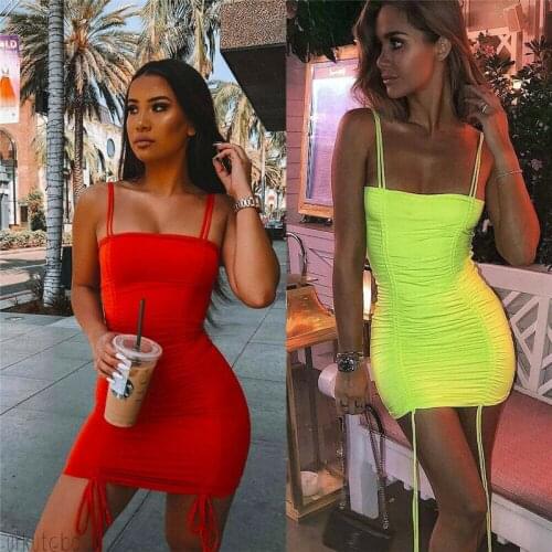 2019 Sexy Women Sleeveless Strap Off Shoulder Dress Casual Short Mini Party Dress Lace-up Drawstring Bodycon Party Pencil Dress