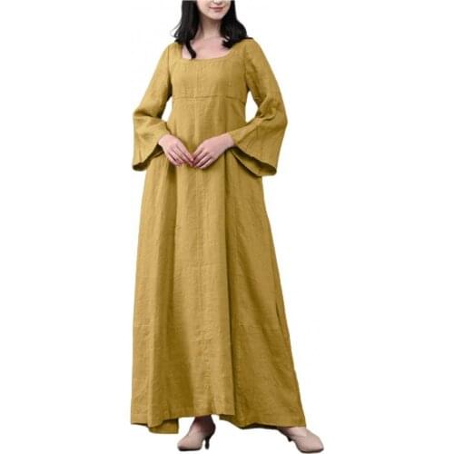 Summer Women Dresses Retro O Neck Long Sleeve Solid Color Large Hem Linen Maxi Dress Vintage Clothes 2021 платья бохо лен хлопок