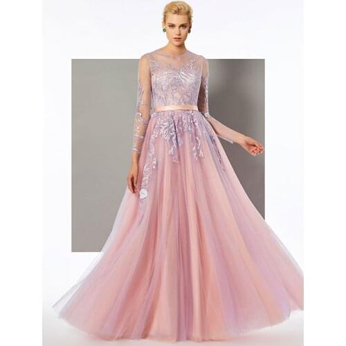 Tanpell scoop neck evening dress full sleeves appliques floor length a line gown women party custom formal long evening dresses