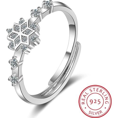 100% 925 Sterling Silver Flower Rings For Women Party Shiny Crystal Cz Snowflake Opening Ring Fine Jewelry Christmas Gift