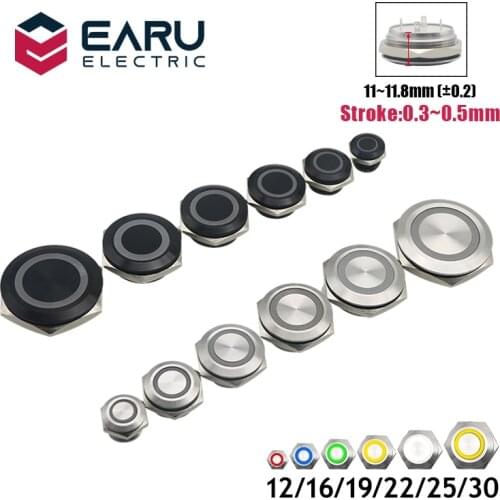 12/16/19/22/25/28/30mm Short Stroke Mini Waterproof Metal Push Button Switch Power Led Light Momentary 5V 12V 24V 220V Red Blue