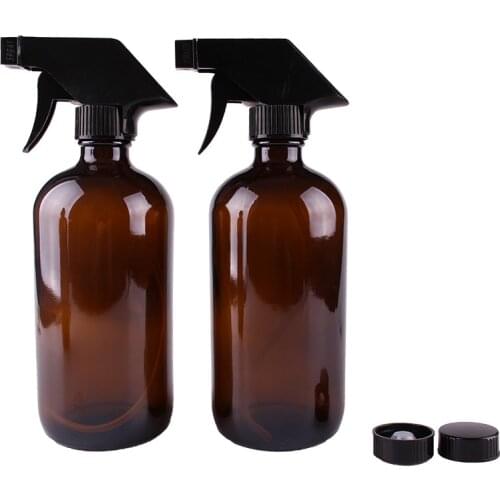 2pcs 500ml 16OZ Amber Glass Spray Stream Bottle w/ black trigger sprayer cap for essential oil empty cosmetic container cleaning