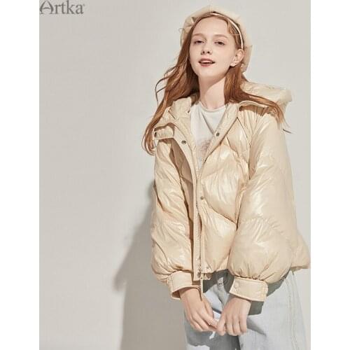 ARTKA 2020 Winter New Womens Down Jacket Fashion Loose 90% White Duck Down Coat Casual Warm Hooded Down Jacket Women DK20108D