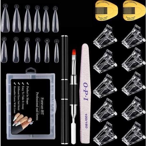 120pcs Nail Art Extension Tips 10 Acrylic Nail Clips Dual-End Gel Brush and Picker Nail File Quick Building Nail Forms Kit