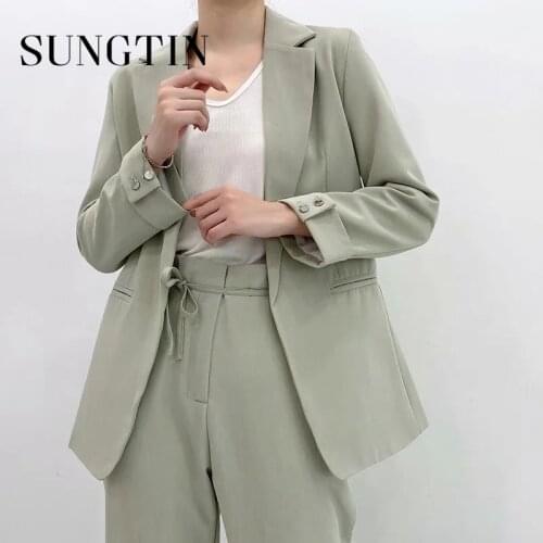 Sungtin Two Pieces Set Office Lady Blazer Suit Women High Waist Loose Trousers Suit Green Pink Pants Work Blazer Jacket OL Korea