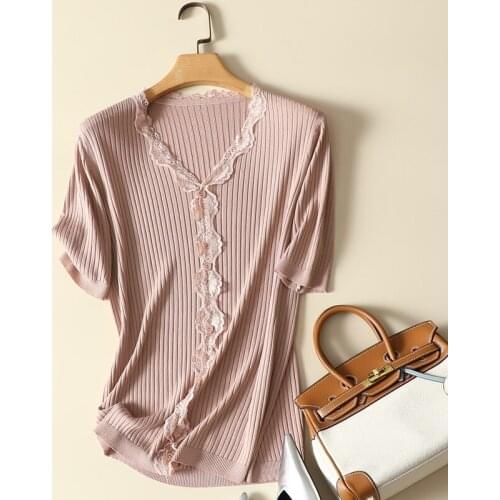 Lightweight Lace Patchwork Knitted Women T-Shirts Summer New Design 2021 V-Neck Slim Elegant Office Lady Outwear Tops