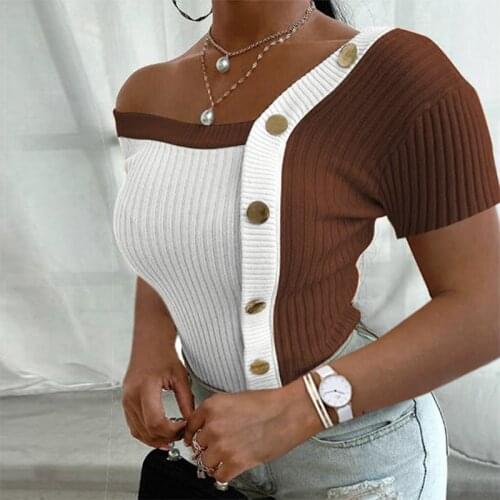 Summer Button-shaped Stitching T-shirt One-shoulder One-word Collar Hit Color Light Mature Commuter Wear Female Short-sleeved