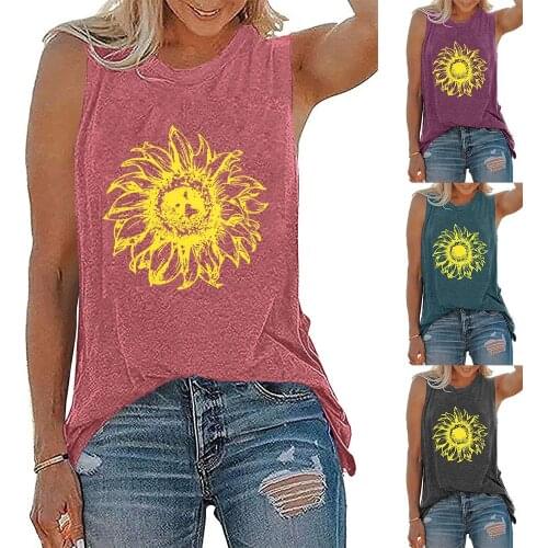 Daisy Print Tank Top Women Fashion Summer Harajuku Sleeveless Tee Shirt Femme Loose O-Neck Top Mujer