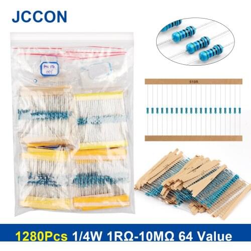 1280Pcs 1/4W 1RΩ-10MΩ 5% 64 Value Metal Film Resistor Rang Carbon Film Metal Resistors Assortment Kit Set Resistor
