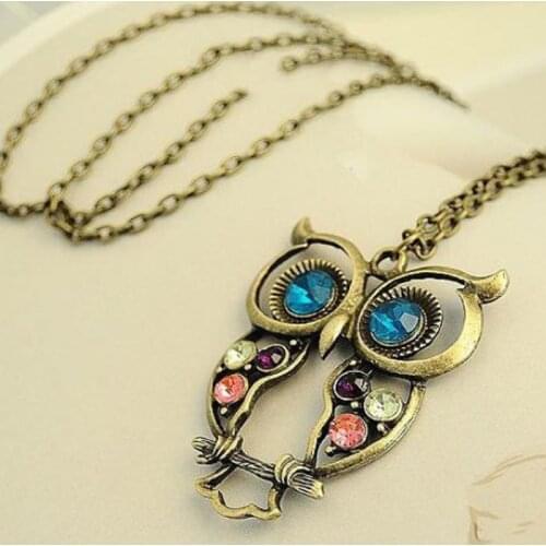 Vintage Cute Blue Eyes Owl Pendant Necklaces Female Fashion Chain Crystal Rhinestone Jewelry Long Sweater Chain Necklace