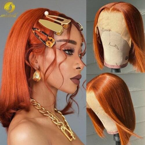 Mishell Ginger Colored Bob Wig Lace Front Human Hair Wigs For Black Women 13x4 Remy Peruvian Straight Orange Free Part Front Wig