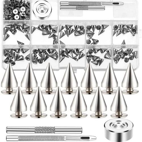 Punk Spikes Bullet Cone Spikes Rivets and Metal Studs Screw Back Studs with 3 Pieces Leather Hole Punch Cutter Tools DIY Crafts