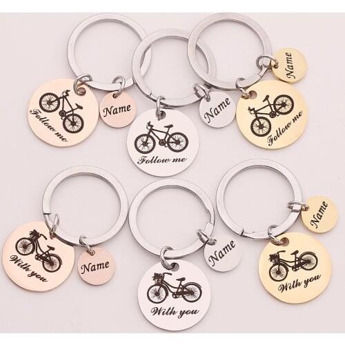 Personalized stainless steel key chain custom name key chain bicycle round key chain to send lovers Valentines Day jewelry gift