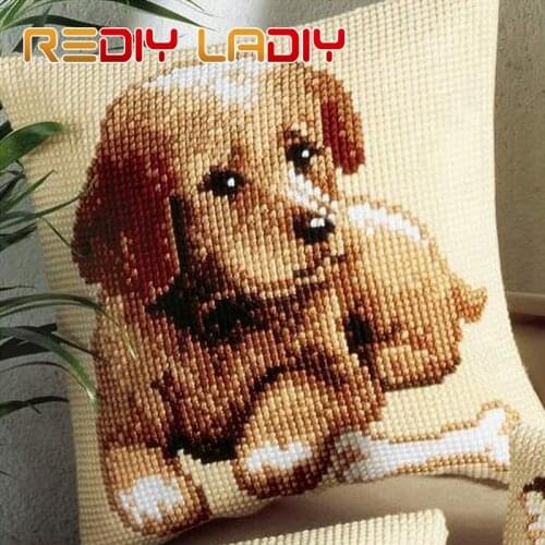 Cross Stitch Cushion Brown Puppy Dog Chunky Yarn Cross-Stitch Kit Needlework Pre-Printed Canvas Pillow Home Decor Arts & Crafts