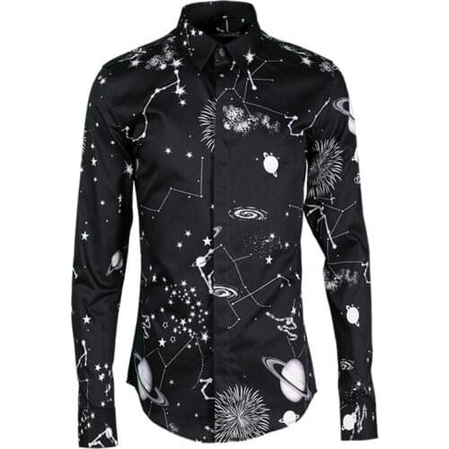 Black Printed Luxury Men Shirt Fashion Classic Constellation Allover Print Dress Shirts Men Long Sleeve Mens Shirts Casual Slim