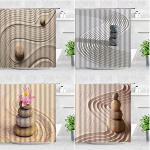 3D Creative Beach Zen Stone Shower Curtain Pink Lotus Flower Abstract Art Scenery Fabric Bathroom Decor Bath Curtains with Hooks