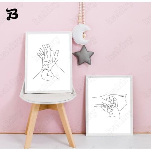 Line Art Abstract Hands Poster Two Big Hands Holding The Childs Hand Happy Family Wall Art Canvas Painting for Baby Room Decor