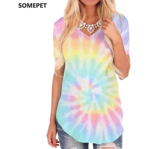 SOMEPET Tie Dye T-shirt women Dizziness Shirt Print Harajuku V-neck Tshirt Colorful T-shirts 3d Womens Clothing Fashion