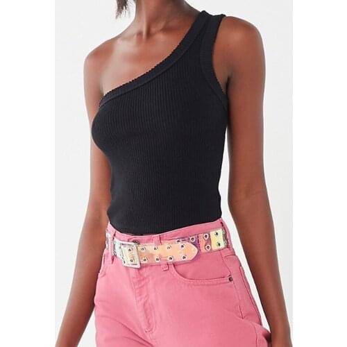 Sexy Knitted Distressed One Shoulder Cropped Tops Tanks Women Summer Skew Collar Sleeveless Skinny Camisole Club Stretch Clothes