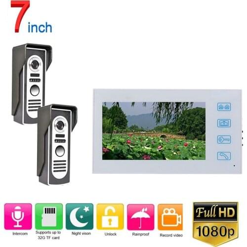 White Video Intercom System Kit 7 inch Record Wired Video Door Phone Doorbell Intercom System with 2pcs AHD 1080P Camera