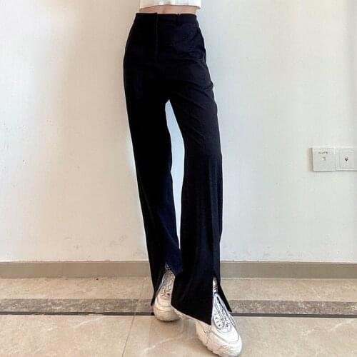 Women Elegant Office Ladies Wide Leg Pants High Waist Loose Pocket Female Suits Black Split Trousers 2021 Spring Pantalon P100