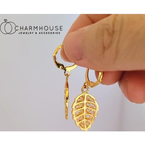 24K Yellow Gold Color Earrings For Women Exquisite Leaf Drop Earring Brincos Femme Vintage Jewelry Accessories Party Gifts